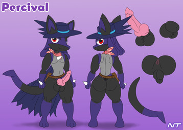 animal_genitalia animal_penis anthro anus balls belt belt_pouch black_body butt canine_genitalia canine_penis chest_spike cloak close-up clothing costume erection genitals hat headgear headwear holowear_(pokemon) knot knotted_penis male multicolored_body penis pokemorph red_eyes scarf sheath simple_background solo spikes spikes_(anatomy) ninjatreecko nintendo pokemon pokemon_unite costume_party_style_lucario fan_character canid canine generation_4_pokemon lucario mammal pokemon_(species) hi_res model_sheet