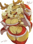 anthro antlers bandeau bell bell_collar big_breasts blonde_hair bottomwear braided_hair breasts brown_body christmas_clothing cleavage clothed clothing coat collar countershading female gesture hair hand_gesture high-angle_view holding_object holidays horn hotpants legwear looking_at_viewer merry_christmas navel raised_hand sack shorts smile solo text thick_thighs thigh_highs thong_straps topwear v_sign wide_hips kaeritai07 christmas deer mammal new_world_deer reindeer 2022 3:4 hi_res