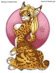 blonde_hair blue_eyes breasts female fur hair nipple_piercing nipples nude piercing pink_nose short_tail solo tail text yellow_body yellow_fur michele_light shorttail chakat felid felid_taur mammal mammal_taur taur 2024 english_text traditional_media_(artwork) herm_(lore)