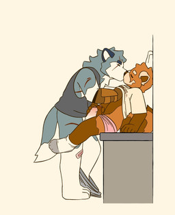 anthro arched_back balcony band-aid bandage blue_body blue_fur blush body_blush brown_body brown_fur clothing countershade_arms countershade_ears countershade_legs countershade_tail countershade_torso countershading duo eye_scar facial_scar footwear frottage fur gloves grey_clothing handwear kissing leaning leaning_forward male male/male markings neck_tuft orange_body orange_fur oversized_clothing penile penis_blush penises_touching pink_clothing scar sex socks striped_body striped_fur striped_markings striped_tail stripes tail tail_markings tuft undressing white_body white_clothing white_fur young imnothere ailurid canid canine canis domestic_dog husky mammal nordic_sled_dog red_panda siberian_husky spitz hi_res adult_(lore)