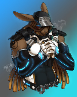 anthro cigarette clothed clothing cybernetics dreadlocks hat headgear headwear lighter looking_at_viewer machine male muscular muscular_anthro muscular_male smoke smoking solo kittydee marlboro_(lightlender) lagomorph leporid mammal rabbit digital_media_(artwork) hi_res shaded