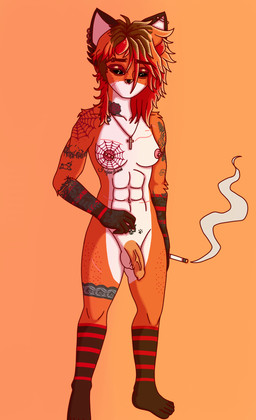 abs accessory anthro arm_tattoo balls black_eyes breasts cigarette clothing cross cross_necklace ear_piercing ear_ring flaccid foreskin fur genitals gynomorph hair horn humanoid_genitalia humanoid_penis intersex jewelry legwear looking_at_viewer muscular necklace nipples nude nude_anthro orange_body orange_fur penis piercing religion religious_symbol ring_piercing simple_background smoke smoking solo tattoo thigh_highs vein veiny_penis white_body white_fur kitsoonie christianity kitsoonie_(character) canid canine canis deer fox hybrid mammal digital_drawing_(artwork) digital_media_(artwork) hi_res trans_(lore)