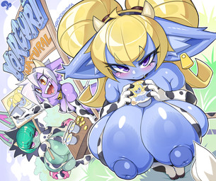 animal_print areola big_breasts biped blonde_hair blue_body breasts clothed clothing cow_print ear_piercing ear_tag eyelashes female green_body group hair huge_breasts legwear nipples one-piece_swimsuit open_mouth piercing pupils purple_body short_stack sign sling_bikini smile swimwear thick_thighs thigh_highs trio krokobyaka league_of_legends riot_games tencent poppy_(lol) tristana_(lol) vex_(lol) humanoid yordle hi_res