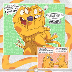 4_fingers angry annoyed anthro blue_nose blush blush_lines bodily_fluids bone brown_body brown_fur cat_tail comic_panel dialogue dialogue_box dialogue_with_sound_effects drooling duo fingers floppy_ears fur goofy_smile grumpy happy heart_symbol hug hugging_another hugging_from_behind lifting_partner male male/male markings nipples onomatopoeia open_mouth orange_body outline pattern_background pointy_ears red_nose saliva simple_background size_difference smaller_male smile sound_effects speech_bubble spots spotted_body spotted_ears spotted_fur sweat tail tail_motion tailwag teeth text tongue whiskers white_outline wrapped_arms yellow_body yellow_omen catdog_(series) nickelodeon caninius_dog felinius_cat animal_humanoid canid canine canis cat_humanoid domestic_cat domestic_dog felid felid_humanoid feline feline_humanoid felis fish humanoid hybrid mammal mammal_humanoid marine 1:1 2025 artist_name colored comic digital_drawing_(artwork) digital_media_(artwork) english_text full-length_portrait hi_res multiple_scenes portrait brother_(lore) brothers_(lore) incest_(lore) sibling_(lore)