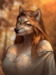 anthro blurred_background clothed clothing eyelashes female front_view fur glistening glistening_eyes green_eyes grey_clothing grey_topwear hair jewelry long_hair looking_at_viewer necklace orange_hair solo tan_body tan_fur topwear marie_merkh canid canine mammal absurd_res artist_name bust_portrait hi_res portrait signature