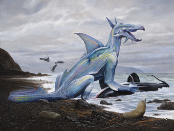 4_legs ambiguous_gender beak blood_in_water brown_body brown_fur claws cloud cloudy_sky feral fur hunting iridescent_scales iridescent_tail open_beak open_mouth red_eyes seaside sky solo text wayne_barlowe ambiguous_species aquatic avian bird cetacean dolphin gull lari larid mammal oceanic_dolphin orca pinniped seal toothed_whale english_text hi_res