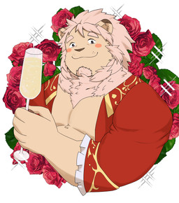 alcohol anthro beverage blush champagne champagne_glass container cup drinking_glass flower fur glass glass_container glass_cup male overweight pecs plant rose_(flower) smile solo white_body white_fur gbcsi88 xxl_woofia leo_von_narcis felid lion mammal pantherine absurd_res hi_res