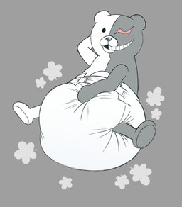 anthro big_diaper black_body black_fur blush clothed clothing diaper diaper_fetish diaper_only fur hand_on_diaper hand_on_head looking_at_viewer male presenting_diaper solo split_color teeth topless touching_diaper wearing_diaper white_body white_diaper white_fur tenerius danganronpa spike_chunsoft monokuma bear mammal absurd_res hi_res