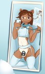 anthro apron apron_only balls brown_body brown_eyes brown_fur brown_hair chastity_cage chastity_device clothed clothing collar collar_tag crop_top crossdressing electronics femboy freckles fur garter_belt garter_belt_leggings garter_straps genitals hair holding_own_leash leash leashed_collar leg_markings leggings legwear lock_symbol male markings mirror_selfie navel no_underwear pawprint_collar_tag phone photo pillow selfie shirt skimpy socks_(marking) solo topwear drafthoof domestic_cat felid feline felis mammal