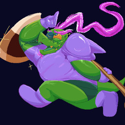 anthro armor briefs clothing green_body hair long_hair male mature_male overweight pink_hair ponytail sharp_teeth smile solo teeth unconvincing_armor underwear kottotter deltarune undertale_(series) gerson_boom_(deltarune) reptile scalie turtle 1:1 hi_res
