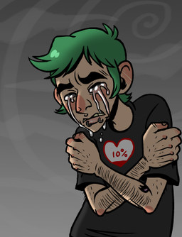 alternative_fashion black_clothing black_shirt black_topwear clothing emo eyes_closed green_hair hair heart_symbol human_only male not_furry shirt solo topwear wind unknown_artist human mammal grandfathered_content low_res