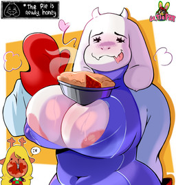 anthro antlers areola areola_slip big_breasts blush blush_lines bodily_fluids breasts cleavage clothed clothing curvy_figure deep_cleavage duo eating emoticon female food glistening glistening_breasts hand_behind_back handwear heart_symbol horn huge_breasts looking_at_viewer nipple_outline oven_mitts pastry pie pie_(food) raised_arm slightly_chubby steam sweat text text_box tongue tongue_out voluptuous wide_hips la_tiapat deltarune undertale_(series) noelle_holiday toriel lagomorph leporid mammal rabbit absurd_res hi_res signature