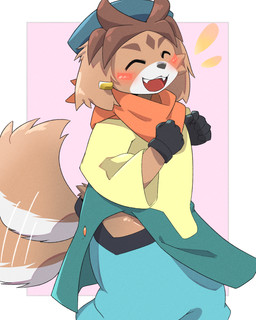 anthro black_clothing black_gloves black_handwear blush brown_body brown_fur clothing eyes_closed fangs fur gloves handwear happy hat headgear headwear kemono kerchief male open_mouth red_kerchief simple_background solo tail tail_motion tailwag teeth young young_anthro young_male kemoizumi gundam gundam_build_divers_re:rise freddie_(gundam_build_divers_re:rise) canid canine canis domestic_dog eldorian mammal 2024 4:5 hi_res japanese_description