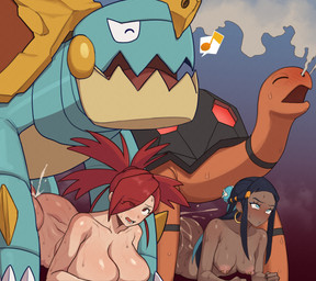 bestiality big_breasts blue_body bodily_fluids breast_size_difference breasts dark_body dark_skin female female_human female_penetrated feral feral_penetrating feral_penetrating_human genitals group gym_leader human_on_feral human_penetrated interspecies male male/female male_feral male_penetrating male_penetrating_female nipple_piercing nipples nude nude_female nude_human open_mouth penetration penis piercing pokephilia sex sweat sweatdrop sweaty_breasts sidney_(artist) nintendo pokemon flannery_(pokemon) nessa_(pokemon) drednaw generation_3_pokemon generation_8_pokemon human mammal pokemon_(species) torkoal absurd_res hi_res