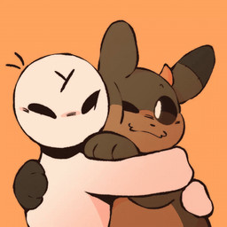 ambiguous_gender anthro biped black_sclera brown_body duo eyes_closed face_squish horn hug nude_ambiguous nude_anthro one_eye_closed simple_background smile squish tight_hug white_eyes yellow_background soarfloh rain_world videocult anon syloh_(soarfloh) human mammal slugcat 1:1 2025 2d_animation animated frame_by_frame