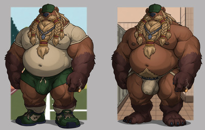 anthro aroused aroused_male athlete balls_outline barazoku barefoot beard beer_belly belly biceps big_belly big_bulge big_muscles big_pecs blonde_beard blonde_facial_hair blonde_hair blonde_mustache blonde_sideburns bottomwear braided_beard brown_body brown_fur bulge cigar cigar_smoke claws clothed clothing coach detailed_bulge erection erection_under_clothing erection_under_jockstrap erection_under_underwear facial_hair feet football_field footwear fur genital_outline green_bottomwear green_clothing green_footwear green_hat green_headwear green_shoes green_shorts green_sneakers hair hat headgear headwear holding_cigar holding_object jock jockstrap locker locker_room male manly mature_anthro mature_male musclegut muscular muscular_anthro muscular_arms muscular_male muscular_thighs mustache nipples outside partially_clothed partially_clothed_anthro partially_clothed_male pecs penis_outline pose shirt shoes shorts sideburns smoke smoking smoking_cigar sneakers solo standing tenting thick_arms thick_thighs tight_bottomwear tight_clothing tight_shirt tight_shorts tight_topwear topless topless_anthro topless_male topwear underwear whistle_(object) whistle_around_neck white_clothing white_jockstrap white_shirt white_topwear white_underwear magniursus thoraden_(magniursus) bear dwarf mammal ursine
