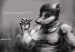 anthro claws clothed clothing female headgear headkerchief headwear kerchief muscular muscular_anthro muscular_arms muscular_female solo text vape_pen vaping oddwilds badger mammal mustelid musteline 2023 english_text greyscale monochrome