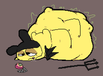 ambiguous_gender ambiguous_humanoid ambiguous_pred arched_back ass_up back_wings belly belly_on_ground big_belly big_ears biped black_membrane black_trident black_wings bloated blush bodily_fluids brown_background cross-eyed drooling eye_roll featureless_arms featureless_legs fully_inside half-closed_eyes hands_on_ground head_on_ground huge_belly humanoid_pred hyper hyper_belly larger_pred lidded_eyes looking_pleasured lying lying_on_ground melee_weapon membrane_(anatomy) membranous_wings monotone_background narrowed_eyes noseless not_furry on_front on_ground polearm resting_on_belly rumbling_stomach saliva saliva_on_ground saliva_pool short_legs simple_background size_difference smaller_ambiguous smaller_humanoid soft_vore solo struggling struggling_prey tamagotchi_(toy) three-quarter_view trident unseen_prey vore weapon wings yellow_body yellow_skin meatcanister tamagotchi devil_mametchi mametchi demon humanoid 2026 digital_media_(artwork) english_description full-length_portrait pixel_(artwork) portrait male_(lore)