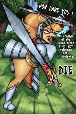 5_fingers angry anthro armor biped chainmail female fingers headgear helmet melee_weapon outside shield solo sword text weapon kurupi_(artist) amelia_steelheart canid canine canis domestic_dog mammal 2:3 english_text hi_res