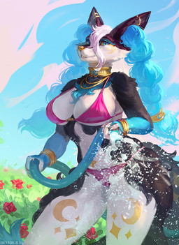 anthro bikini black_body black_fur blue_eyes blue_hair breasts clothing collar female flower fur gold_(metal) gold_collar gold_nose hair holding_hose looking_at_viewer metal_collar outside pink_bikini pink_clothing pink_swimwear plant smile solo swimwear tail two-piece_swimsuit white_body white_fur yellow_sclera devergilia canid mammal 2024 hi_res