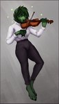 4_toes 5_fingers anthro black_bottomwear black_clothing black_pants bottomwear bow_(stringed_instrument) bowed_string_instrument breasts clothed clothing fangs feet female fingers fur green_body green_eyes green_fur green_hair green_nose hair holding_object musical_instrument pants playing_music playing_violin shirt simple_background smile solo star string_instrument teeth toes topwear violin violin_bow white_clothing white_shirt white_topwear oktoberbeef raylin bear mammal 4:7 digital_media_(artwork) hi_res