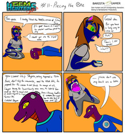 anthro cochlear_implant_processor deaf dessert dialogue doughnut duo female food kneeling lying on_front pastry plate shocked text baristagamerproductions ada_(gem_hunters) phoebe_(gem_hunters) felid feline mammal reptile scalie snake absurd_res comic english_text hi_res