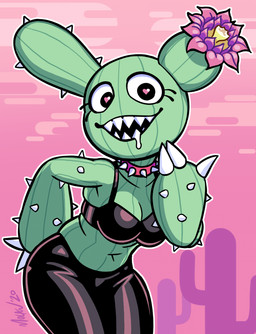 3_fingers big_breasts black_bra black_clothing black_eyes black_leggings black_legwear black_underwear bodily_fluids bra breasts cactus cleavage clothed clothing cloud collar drooling eyelashes female fingers flower front_view glistening glistening_bra glistening_clothing glistening_leggings glistening_legwear glistening_underwear grey_body hand_on_hip heart_pupils leaning leaning_forward leggings legwear long_ears looking_at_viewer midriff navel not_furry open_mouth open_smile outline outside pink_background pink_collar pink_pupils plant pupils saliva sharp_teeth simple_background smile solo spiked_arms spiked_collar spikes standing teeth three-quarter_view underwear white_outline wide_hips lobsteritus kara_(massive_liam) cactus_creature cactus_humanoid elemental_creature elemental_humanoid flora_fauna humanoid plant_humanoid 2020 cel_shading dated digital_drawing_(artwork) digital_media_(artwork) portrait shaded signature three-quarter_portrait