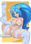 animal_ears animal_tail big_breasts big_hair blue_body blue_fur blue_hair breasts camel_toe eyelashes feet female foot_focus fur green_eyes hair humanoid_feet light_body light_skin long_hair looking_at_viewer naturally_censored navel nipple_outline plantigrade presenting pupils raised_leg simple_background slit_pupils soles solo spread_legs spreading tan_body tan_skin thick_thighs toes white_background wide_hips yellow_background zerockart capcom darkstalkers felicia_(darkstalkers) animal_humanoid cat_humanoid felid felid_humanoid feline feline_humanoid humanoid mammal mammal_humanoid hi_res