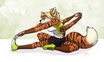 3_legs 4_arms anthro blonde_hair blue_eyes clothing ear_piercing ear_ring eyewear female footwear glasses hair industrial_piercing multi_arm multi_limb multifur piercing ring_piercing shoes solo stretching pac may_abbagail canid canine felid fox hybrid mammal pantherine tiger