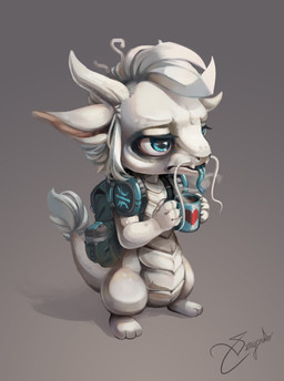 anthro blue_eyes blue_tongue chibi container cup electronics forked_tongue glistening glistening_eyes hair headphones headphones_around_neck holding_container holding_cup holding_mug holding_object horn male mug narrowed_eyes pink_inner_ear simple_background solo standing tail tail_tuft tired tongue tongue_out tuft white_body white_ears white_hair white_horn white_tail vesper_art mythology kogasilverdragon dragon mythological_creature mythological_scalie scalie absurd_res hi_res signature