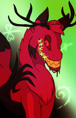 antlers evil_grin feral feralized fur gradient_background green_magic horn magic magic_symbols male red_body red_eyes red_fur sharp_teeth simple_background smile stitched_face teeth edgarkingmaker hazbin_hotel hellaverse alastor_(hazbin_hotel) deer demon mammal digital_media_(artwork) hi_res