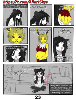 anthro black_body black_fur blonde_hair clothing dialogue duo female fur grey_body grey_fur hair pink_body pregnant pregnant_female red_eyes simple_background text white_body white_fur yellow_body yellow_fur allartskye nintendo pokemon jolyne_(allartskye) kia_(allartskye) american_opossum eeveelution generation_1_pokemon jolteon mammal marsupial pokemon_(species) comic english_text hi_res url