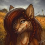 anthro blue_eyes blurred_background brown_body brown_fur brown_hair cheek_tuft facial_tuft female fur glistening glistening_eyes hair looking_at_viewer neck_tuft nude power_lines sky smile solo text tuft white_body white_fur mylafox canid canine canis mammal wolf 1:1 2020 artist_name bust_portrait dated detailed hi_res portrait signature url