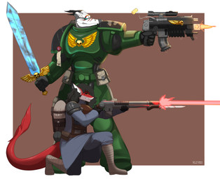anthro armor backpack black_pauldron bolter death_korps_of_krieg duo female fictional_gun glowing_sword green_armor gun imperial_guard laser_beam lasgun machine male male/female pouches power_armor power_sword purity_seal ranged_weapon salamander_chapter shooting simple_background skull_accessory space_marine weapon 9live mythology warhammer_(franchise) warhammer_40000 aquatic dragon fish mythological_creature mythological_scalie scalie shark hi_res