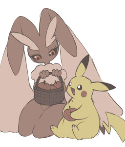 ambiguous_gender anthro apple basket black_sclera brown_body cheek_spots container duo eyelashes feral fingers fluffy_ears food fruit holding_basket holding_container holding_food holding_object kneeling looking_at_another open_mouth open_smile paws plant red_eyes simple_background sitting smile tail tongue white_background yellow_body piyolondres nintendo pokemon generation_1_pokemon generation_4_pokemon lopunny pikachu pokemon_(species) 2025 hi_res female_(lore) male_(lore)