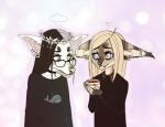 ambiguous_gender anthro clothed clothing duo eyewear facial_piercing glasses hair heart_symbol nose_piercing piercing simple_background standing franciscassidy canid canine felid mammal digital_media_(artwork) shaded