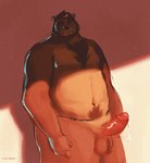 anthro balls belly bodily_fluids cum erection facial_piercing genital_fluids genitals humanoid_genitalia humanoid_hands humanoid_penis male moobs navel nipples nose_piercing nose_ring overweight overweight_male penis piercing ring_piercing solo rovindeer gabriel_(rovindeer) bear mammal 2021 absurd_res hi_res