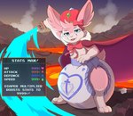 ambiguous_gender anthro big_diaper blue_eyes bow_(feature) cape clothed clothing crown detailed_background diaper eyebrows fluffy fluffy_ears fluffy_tail fur gameplay_mechanics head_tuft headgear lava looking_at_viewer melee_weapon outside pink_body pink_fur raised_arm smile smoke solo standing stats sword sword_swing tail text tuft volcano weapon wearing_diaper white_body white_fur bunnykisses moon_(mrmoonmoo) lagomorph leporid mammal rabbit english_text full-length_portrait hi_res portrait