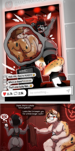aftercare anthro athletic audience black_clothing black_nose black_shirt black_tank_top black_topwear blush bodily_fluids boots bottle bottomless brown_hair butt clothed clothing concert container cum cum_covered cum_drip curled_up dripping duo electronics endosoma eyes_closed eyewear female fetal_pose fishnet_clothing footwear genital_fluids glasses group guitar_amp hair highlights_(coloring) internal_vore looking_away messy microphone neon_sign nerd nervous nonchalant piercing public rear_view red_highlights red_internal safe_vore shirt shoes short sign singing size_difference smaller_pred social_media stage tail_wrapped_around_leg tank_top text topwear unbirthing vaginal vore water_bottle bigburrbailey bryce_(epaulettenerd) vesper_(bigburrbailey) aquatic carpet_shark epaulette_shark fish koala longtail_carpet_shark mammal marsupial shark vombatiform absurd_res english_text hi_res sequence