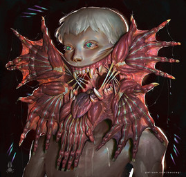 ambiguous_gender black_background bloodless blue_eyes bodily_fluids body_horror canine_teeth carnassials claws creepy_face eldritch exposed_muscle eyelashes face_hands fangs forked_tongue glistening glistening_claws glistening_nails gore grotesque gums gums_(mouth) hair horror_(theme) incisors light_body light_skin mouth_hands multi_hand nails nightmare_fuel nude open_hand open_mouth scary short_hair showing_teeth simple_background solo standing teeth tendon text tongue tongue_out unusual_hand_placement unusual_hands what_has_science_done where_is_your_god_now white_hair bwusagi eldritch_abomination eldritch_humanoid humanoid monster unknown_species detailed digital_media_(artwork) digital_painting_(artwork) painting_(artwork) shaded url watermark