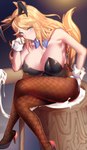 big_breasts blonde_hair blue_bow blue_eyes blush bodily_fluids breasts clothed clothing cuffs_(clothing) fake_ears fake_rabbit_ears female fishnet_clothing fishnet_legwear food footwear hair hammer high_heels hip_grab legwear leotard light_body light_skin long_hair mochi shoes sitting solo sweat tools bigshine000 cygames uma_musume_pretty_derby gold_city_(pretty_derby) animal_humanoid equid equid_humanoid equine equine_humanoid horse_humanoid humanoid mammal mammal_humanoid absurd_res digital_media_(artwork) hi_res