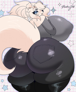 anthro big_breasts big_butt big_tail black_bottomwear black_clothing black_jeans black_pants blue_eyes bottomwear breasts bulging_thighs butt clothed clothing denim denim_bottomwear denim_clothing ear_piercing eyelashes eyeshadow facial_piercing female freckled_face freckles fur geometric_background grey_clothing grey_topwear grid_background hair huge_breasts huge_butt huge_thighs jeans looking_back makeup nipple_outline nose_piercing nose_ring off_shoulder outline pants pattern_background piercing ponytail rear_view ring_piercing simple_background solo star_symbol tail text thick_thighs tongue tongue_out topwear white_body white_fur white_hair panthergold lily_(vetarix) canid canine canis domestic_dog mammal 2026 absurd_res artist_name hi_res portrait three-quarter_portrait