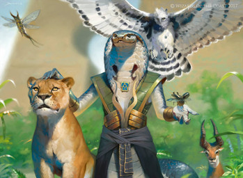 ambiguous_gender anthro apode beak brown_body brown_fur clothing feathered_wings feathers feet feral front_view fur green_body green_clothing green_scales group holding_character horn insect_wings legless looking_up outside plant scales serpentine size_difference snake_hood talons toes whiskers white_body white_feathers wings victor_adame_minguez hasbro magic:_the_gathering wizards_of_the_coast antelope arthropod avian bird bovid draconcopode felid insect lion mammal naga pantherine reptile scalie snake 2016 hi_res official_art