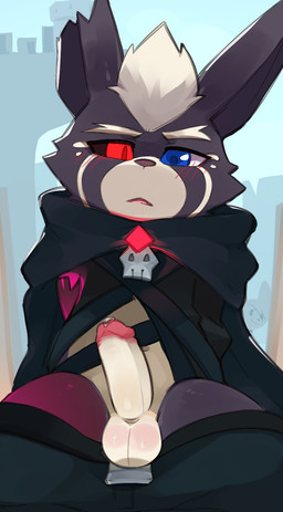 anthro balls balls_blush biped black_bottomwear black_cloak black_clothing black_pants black_sclera blue_eyes blush blush_lines bodily_fluids body_blush bottomwear bottomwear_down brown_nose cheek_tuft cloak clothed clothed_anthro clothed_male clothing duo erection eyebrows facial_tuft fur genital_fluids genitals glans glistening glistening_balls glistening_eyes glistening_genitalia glistening_penis heterochromia humanoid_genitalia humanoid_penis looking_at_viewer looking_down looking_down_at_viewer low-angle_view male male_anthro multicolored_body multicolored_fur navel open_mouth pants pants_down partially_clothed partially_clothed_anthro partially_clothed_male penis pink_body pink_fur pink_glans pointy_ears precum precum_on_penis purple_body purple_fur red_eyes skull_accessory solo_focus tuft white_balls white_body white_eyebrows white_fur white_penis white_sclera young young_anthro young_male smite_(artist) league_of_legends riot_games tencent bertea_(smite) mori_(smite) mammal yordle 2025 digital_media_(artwork) hi_res adult_(lore)