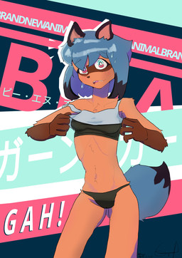 anthro blue_hair blush blush_lines bra breasts brown_ears clothing dark_ears dipstick_hair dipstick_tail embarrassed facial_markings female glistening glistening_hair gloves_(marking) hair head_markings markings mask_(marking) multicolored_eyes panties shirt short_hair slim solo tail tail_markings tan_body tank_top text topwear underwear dextrose_(artist) brand_new_animal studio_trigger michiru_kagemori canid canine mammal raccoon_dog tanuki english_text hi_res japanese_text