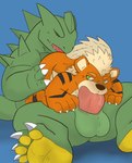anal anthro balls canid canine duo fellatio generation_1_pokemon generation_2_pokemon genitals green_eyes growlithe hi_res male male/male mammal nintendo oral penile penis peppygrowlithe pokemon pokemon_(species) rimming scalie sex simple_background thick_penis tyranitar