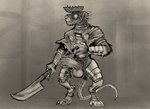 anthro armor balls biped erection genitals grin headgear helmet holding_melee_weapon holding_object holding_sword holding_weapon humanoid_genitalia humanoid_penis male melee_weapon penis smile solo sword weapon daftpatriot warhammer_(franchise) stormvermin mammal rodent skaven 2022 digital_media_(artwork) greyscale monochrome