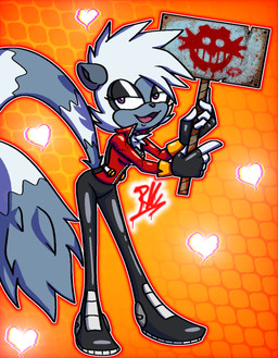 anthro black_bottomwear black_clothing black_fingerless_gloves black_gloves black_handwear black_nose black_pants bottomwear clothed clothing female female_anthro fingerless_gloves fur gloves grey_body grey_fur hair handwear heart_symbol holding_object jacket kiss_mark looking_at_viewer open_mouth orange_background pants red_clothing red_jacket red_topwear rust short_hair sign simple_background solo tongue topwear white_body white_fur white_hair ruckuss eggman_empire eggman_logo idw_publishing sega sonic_the_hedgehog_(comics) sonic_the_hedgehog_(idw) sonic_the_hedgehog_(series) tangle_the_lemur humanoid lemur mammal primate ring-tailed_lemur strepsirrhine absurd_res hi_res