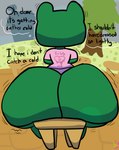 anthro big_butt bottomless bubble_butt butt butt_focus clothed clothing female huge_butt jiggling logo public rear_view short_stack sitting solo klutzatdusk animal_crossing nintendo jambette_(animal_crossing) amphibian frog hi_res signature