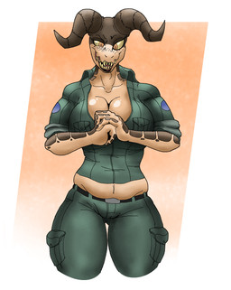anthro belt belt_buckle big_breasts black_eyeliner bottomwear breasts brown_body brown_scales buckle camel_toe cargo_pants clothed clothing cracking_knuckles eyelashes eyeliner female freckles green_clothing horn looking_at_viewer makeup multicolored_body open_mouth open_smile orange_eyes pants pupils scales sharp_teeth simple_background slightly_chubby slit_pupils smile smiling_at_viewer solo teeth thick_thighs tight_clothing yellow_sclera heatseeker fallout microsoft deathclaw reptile scalie 2022 digital_media_(artwork) hi_res